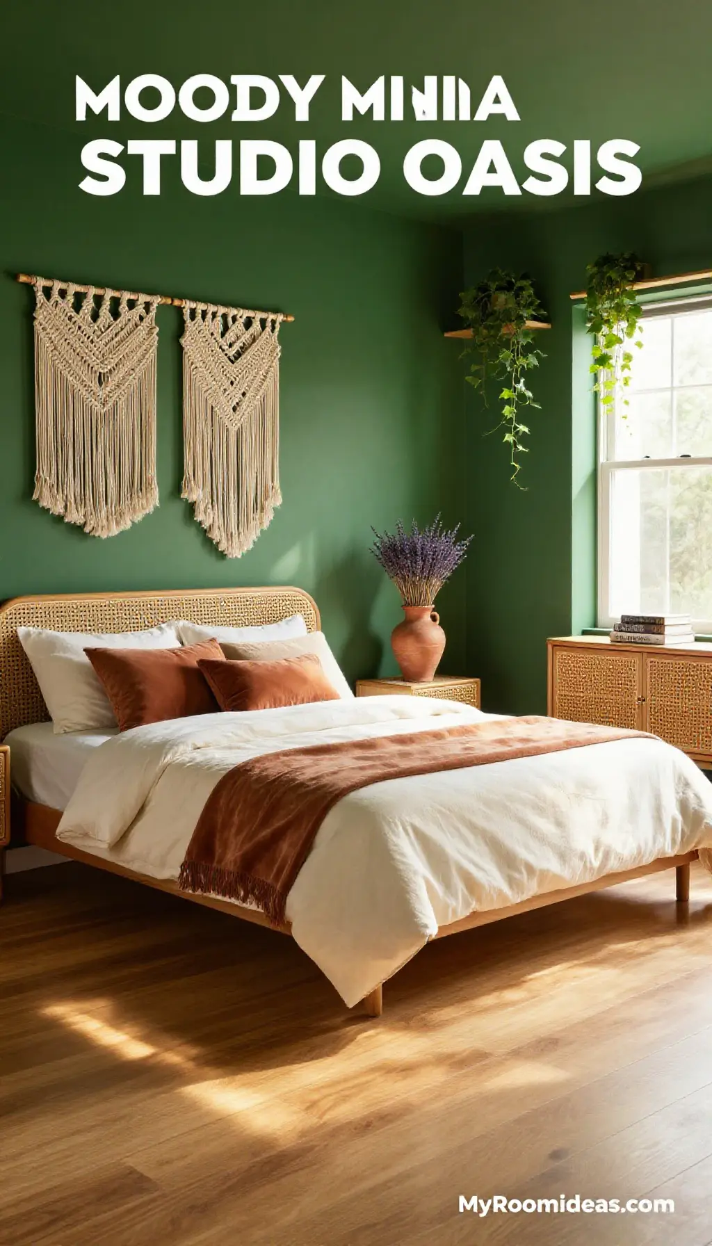 Moody Minimalist Studio Bedroom Oasis with Rattan & Terracotta Accents