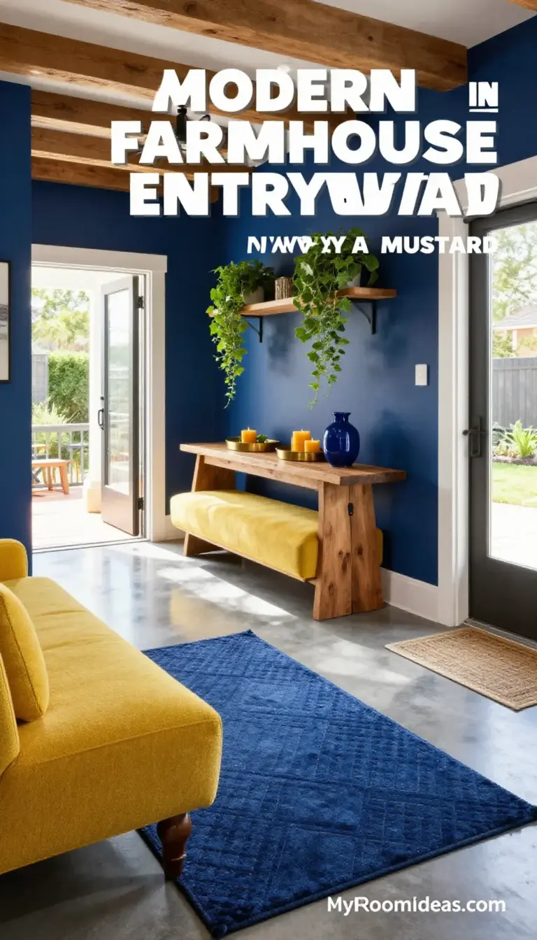 Oversized Modern Farmhouse Entryway with Mustard & Navy Decor
