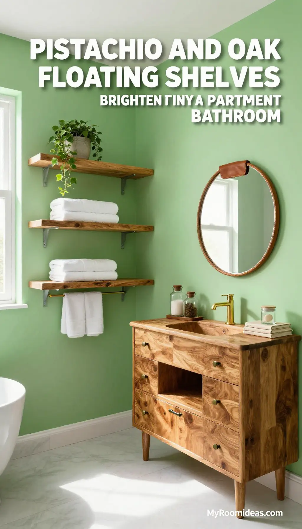 Pistachio & Oak Floating Shelves Brighten Tiny Apartment Bathroom