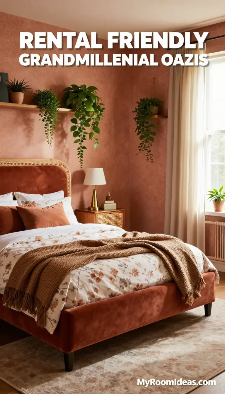 Rental-Friendly Grandmillennial Bedroom Oasis with Cane, Velvet & Trailing Plants