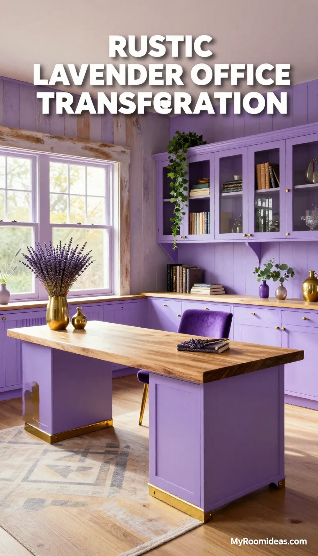 Rustic Bungalow Home Office Transformation with Lavender Pastel Fluted Wood & Brass