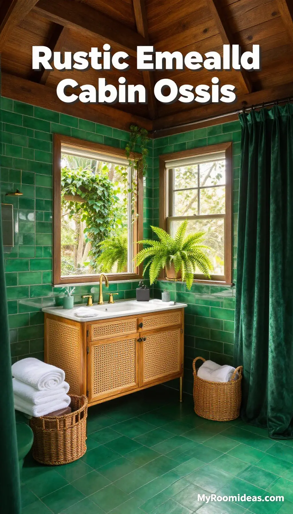 Rustic Cabin Bathroom Oasis with Emerald Jewel Accents & Cane Vanity