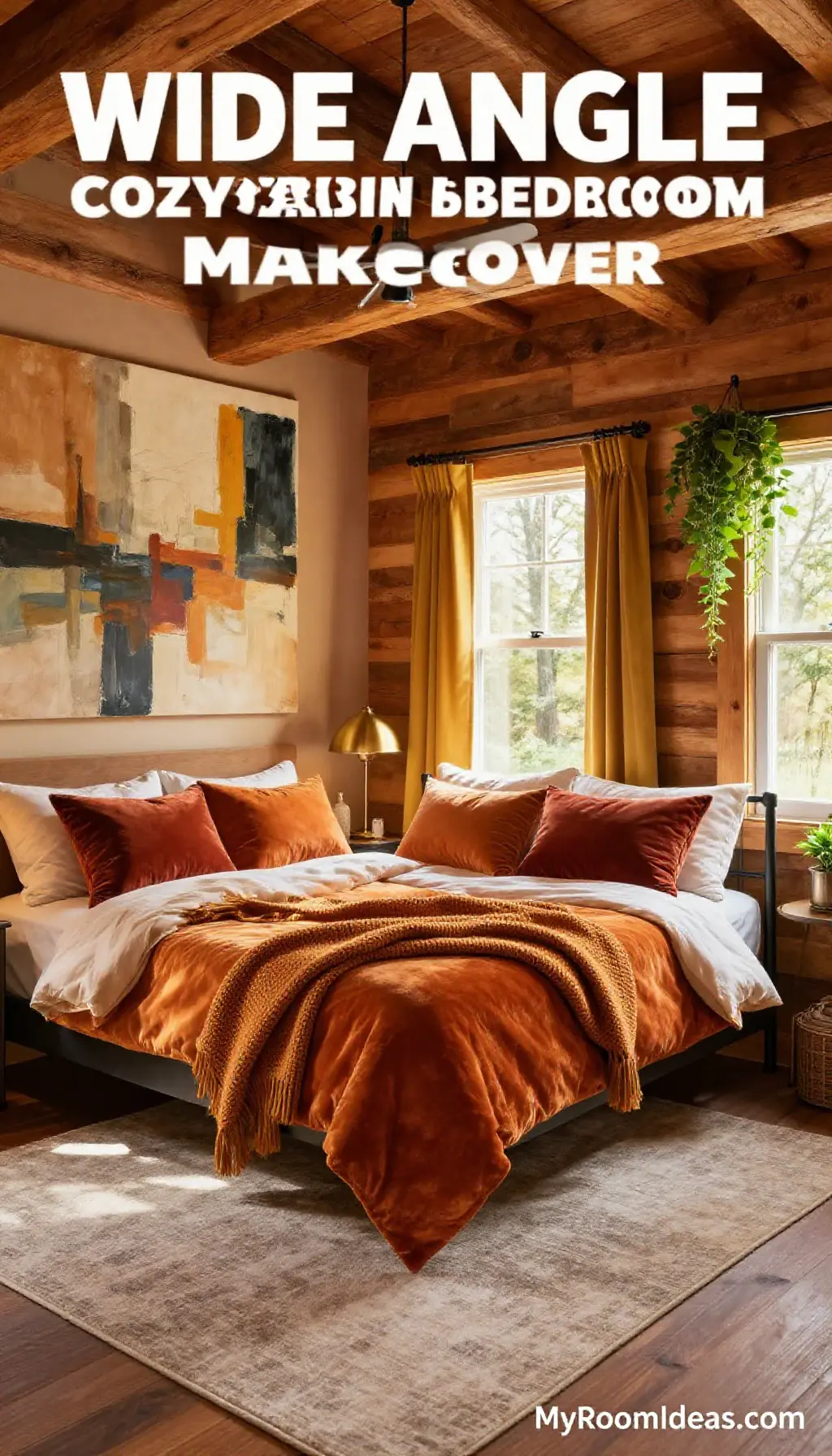 Rustic Cabin Cozy Bedroom Transformation with Abstract Art Accent Wall