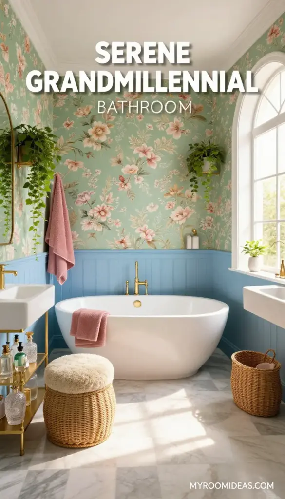 Serene Grandmillennial Bathroom Oasis with Bouclé and Brass Accents