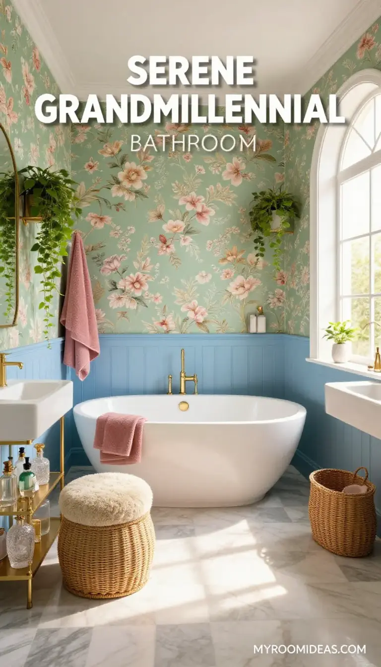 Serene Grandmillennial Bathroom Oasis with Bouclé and Brass Accents