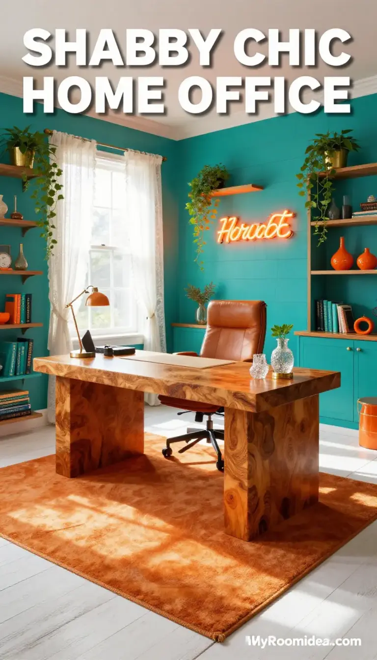 Shabby Chic Townhouse Home Office with Burl Wood Desk & Neon Signs