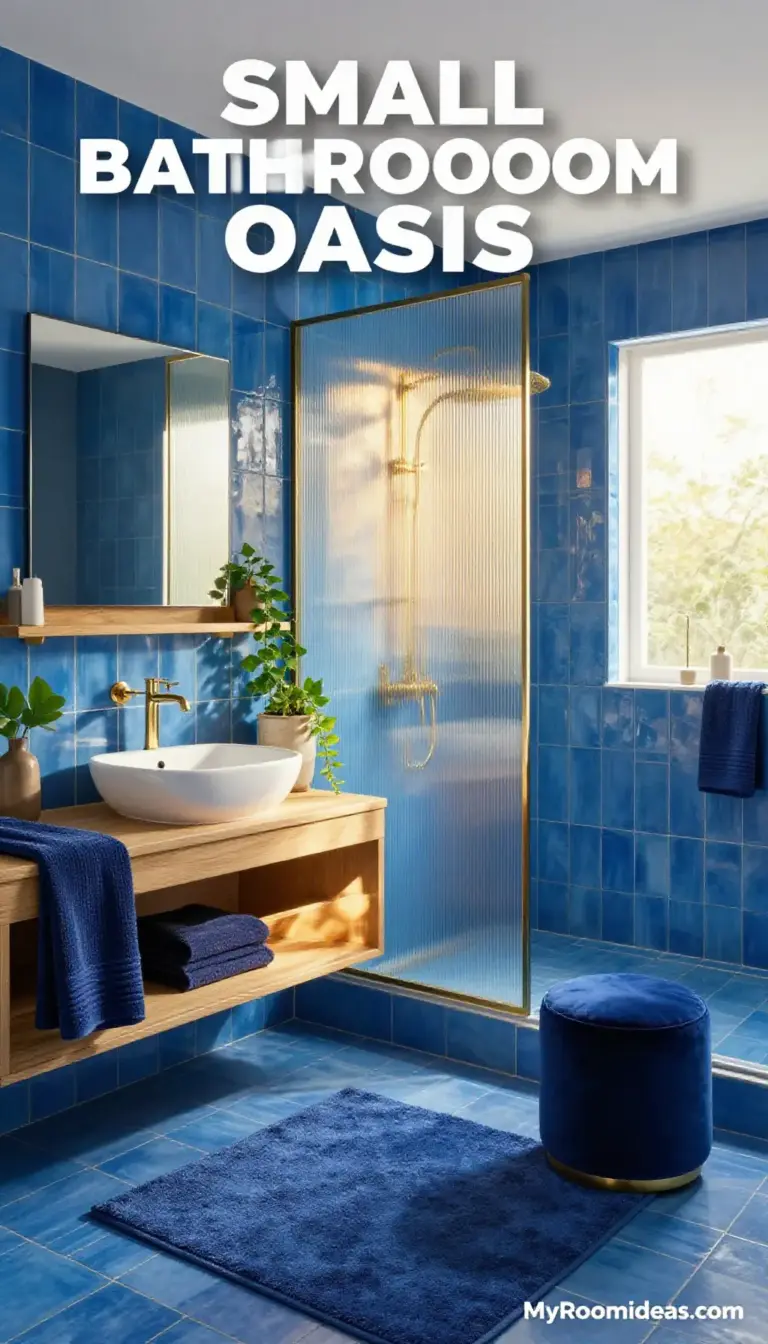 Small Bathroom Oasis in Santorini Blues - Ribbed Glass & Wood Accents