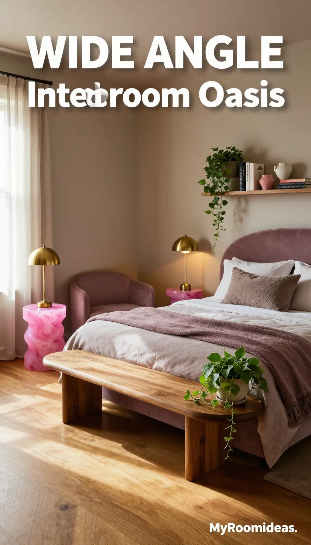 Small Mid-Century Bedroom Oasis with Mauve Resin Accents & Curved Furnishings