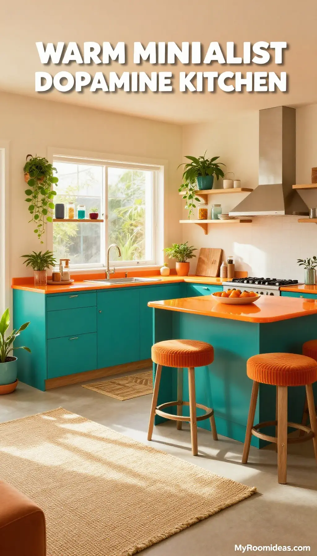 Small Open-Concept Kitchen Infused with Warm Minimalist Dopamine Decor