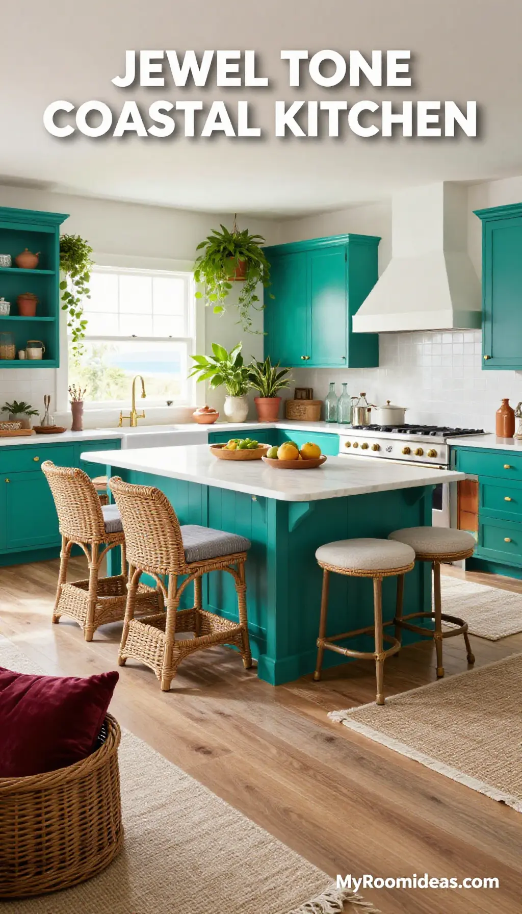Spacious Coastal Grandmother's Condo Kitchen: Jewel Tone Wicker & Canvas Oasis