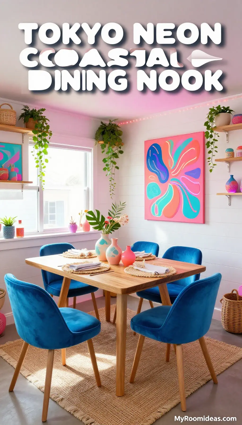 Tiny Basement Dining Nook Makeover with Coastal Grandmother Dopamine Decor