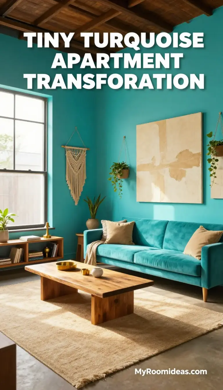 Transformation in Tiny Turquoise Apartment Living Room - Macramé & Wood Accents