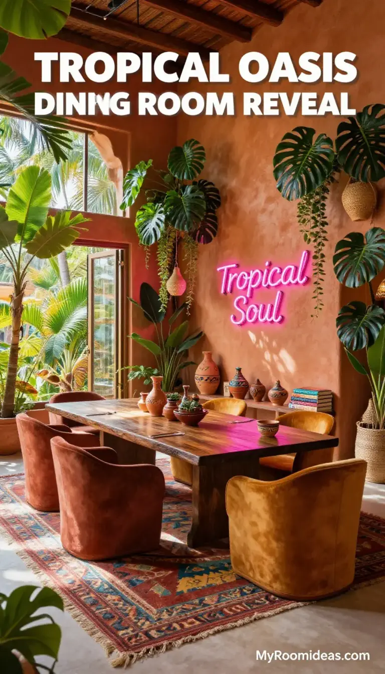 Tropical Oasis Dining Room Reveal: Plaster Walls, Neon Signs & Moroccan Spice
