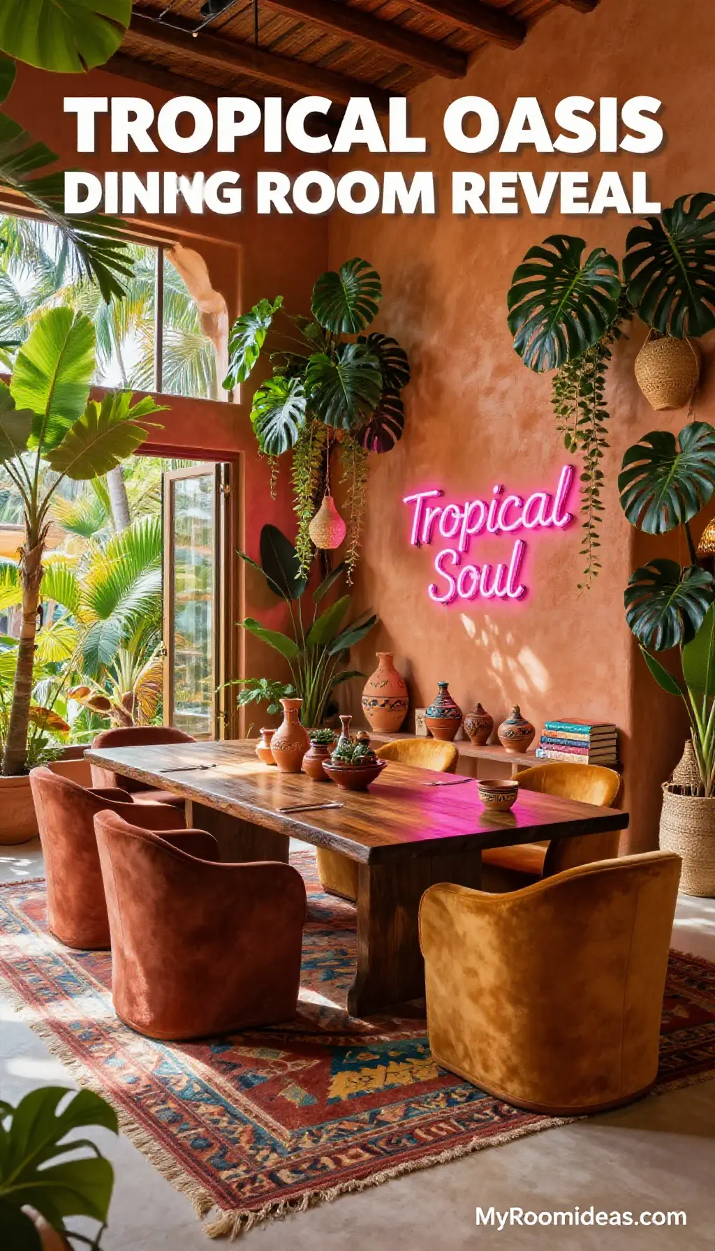 Tropical Oasis Dining Room Reveal: Plaster Walls, Neon Signs & Moroccan Spice