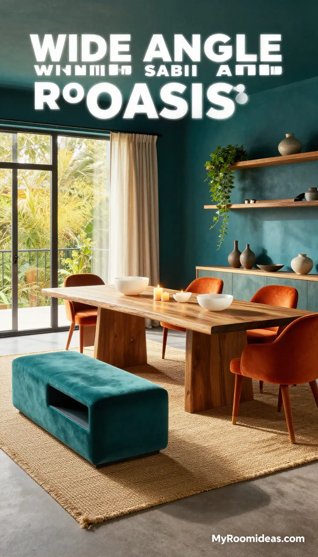 Wabi-Sabi Dining Room Oasis with Teak & Alabaster Ottoman Storage