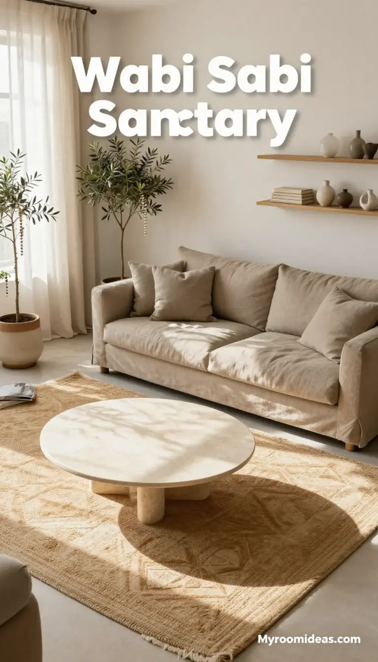 Wabi-Sabi Sanctuary: Tiny Apartment Living Room with Travertine & Linen Touches