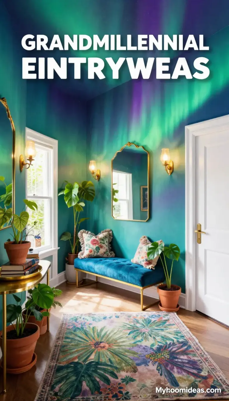 Welcoming Grandmillennial Entryway with Cozy Chenille & Brass Accents