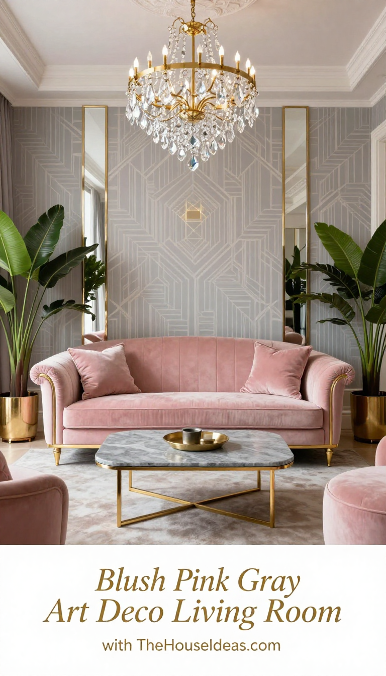 Art Deco Living Room with Blush Pink Velvet Sofa and Gray Marble Coffee Table - Living Room - The House Ideas
