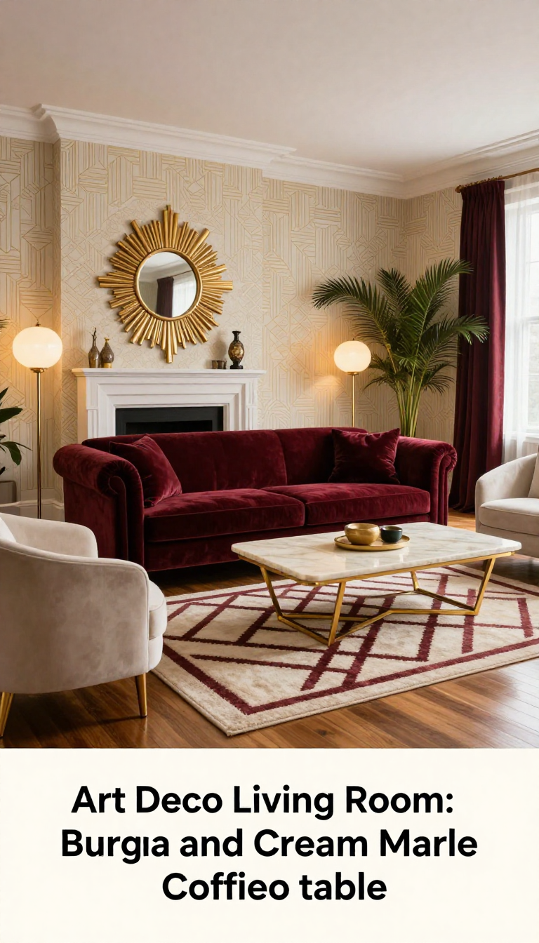Art Deco Living Room with Burgundy Velvet Sofa and Cream Marble Coffee Table - Living Room - The House Ideas