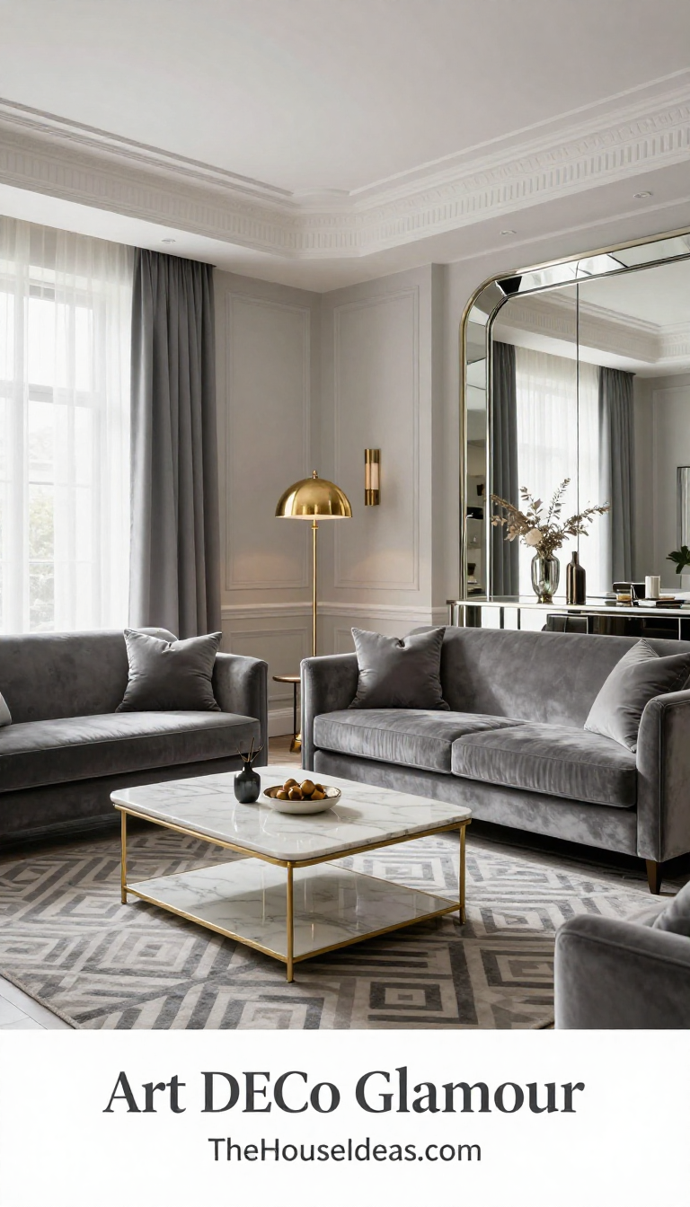 Art Deco Living Room with Cool Gray Velvet Sofa and White Marble Coffee Table - Living Room - The House Ideas