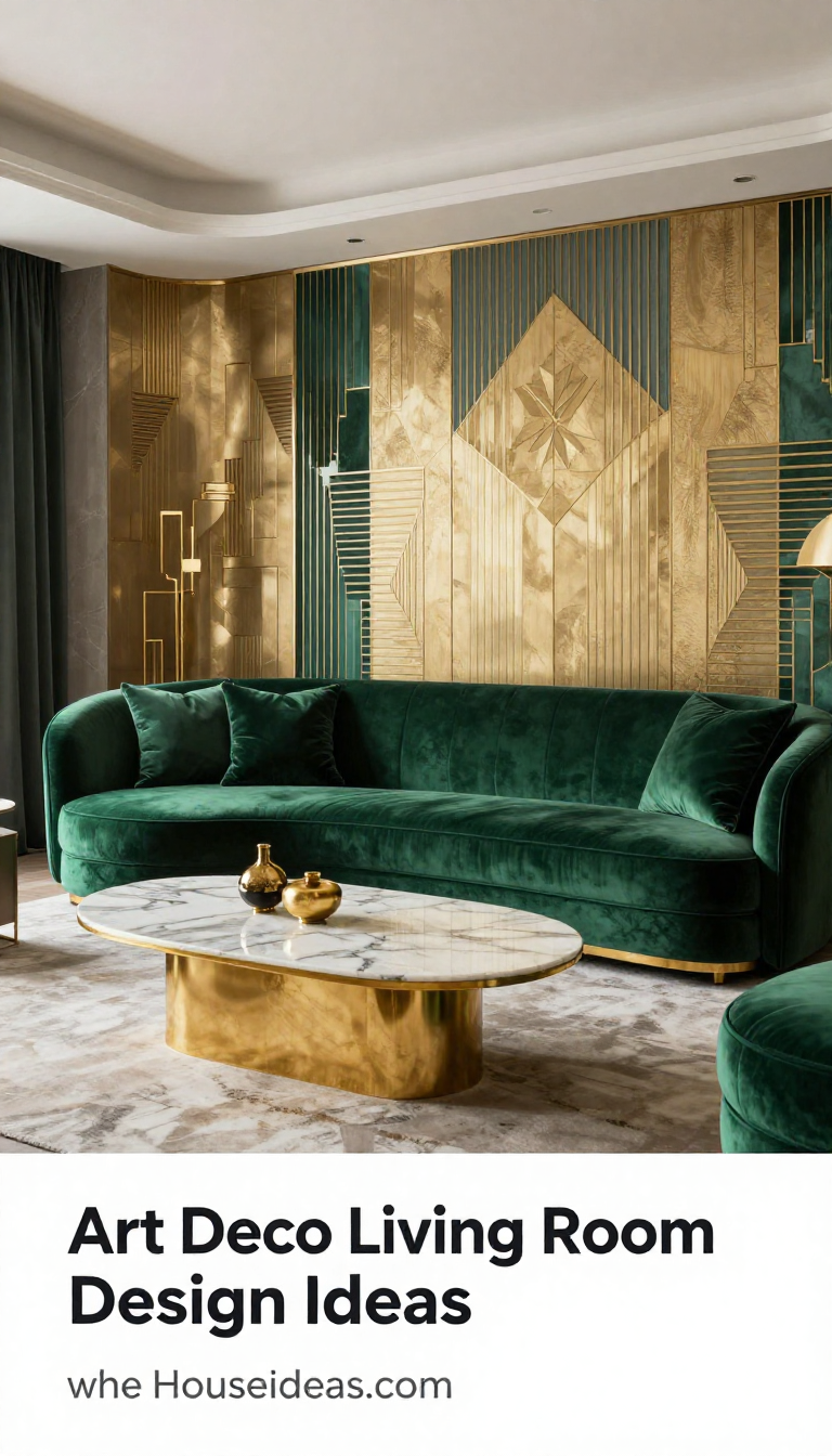 Art Deco Living Room with Emerald Green Velvet Sofa and Gold Leaf Marble Coffee Table - Living Room - The House Ideas