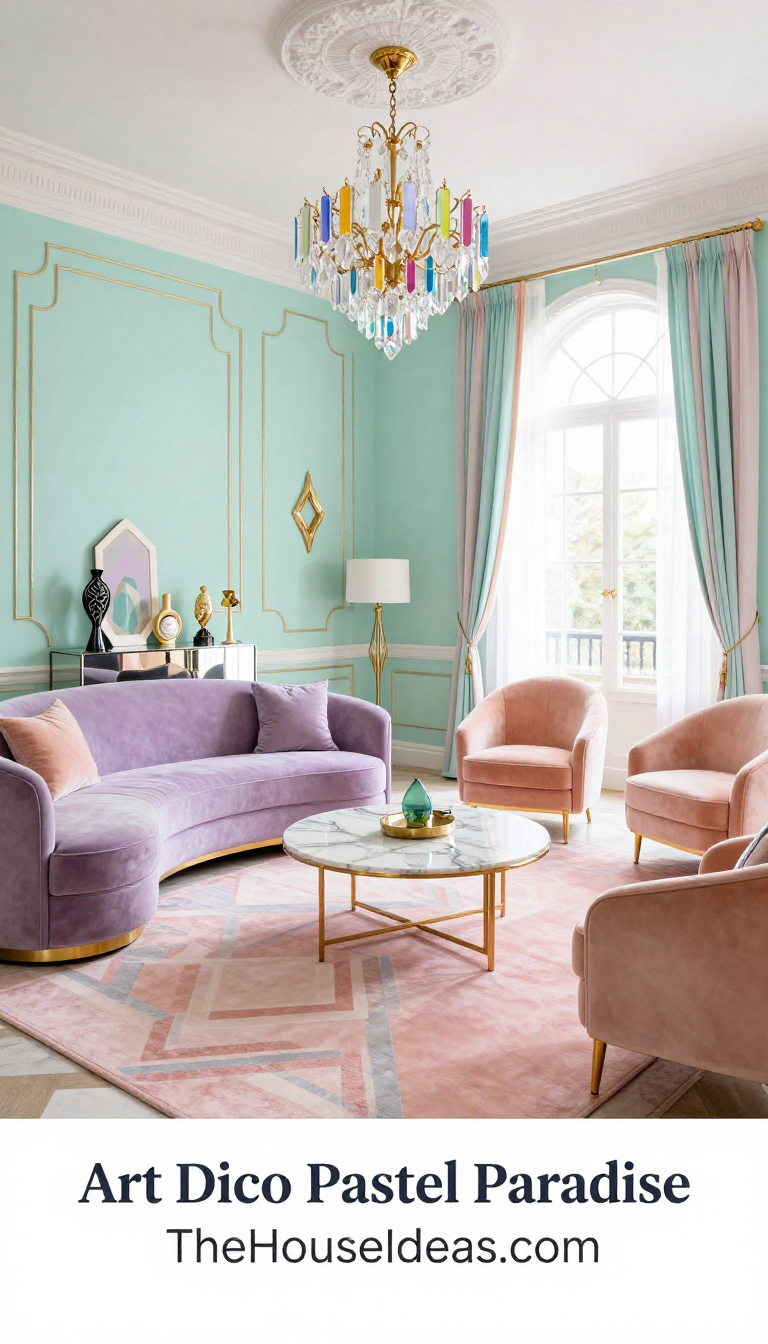 Art Deco Living Room with Pastel Rainbow Color Scheme and Marble Gold Accents - Living Room - The House Ideas