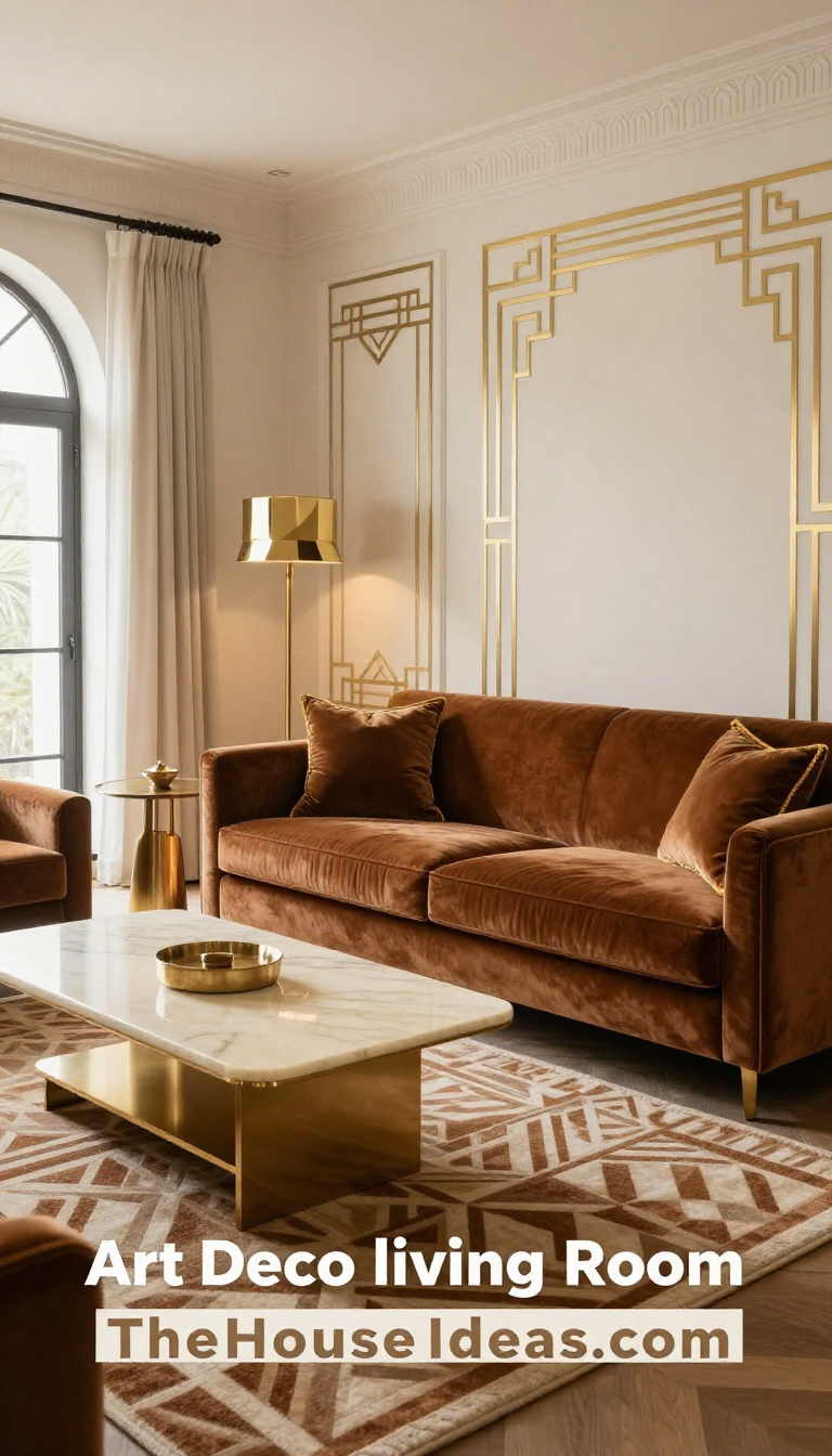 Art Deco Living Room with Warm Brown Velvet Sofa and Ivory Marble Coffee Table - Living Room - The House Ideas