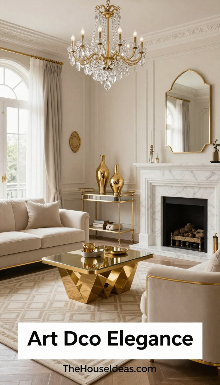 Art Deco Living Room with Warm Neutral Marble and Gold Sculptural Vases - Living Room - The House Ideas