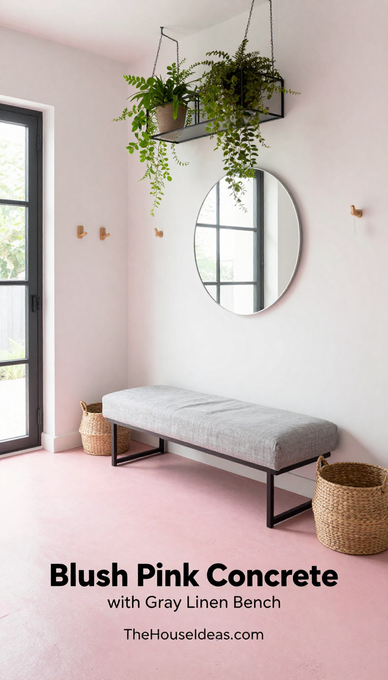 Blush Pink Concrete Entryway with Gray Linen Bench and Hanging Plant Display - Entryway - The House Ideas