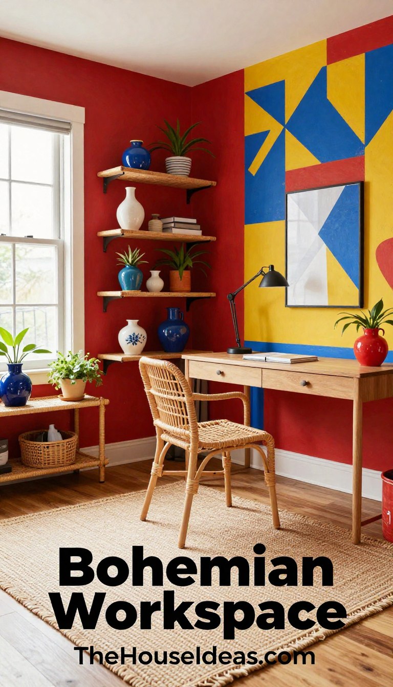 Bohemian Chic Home Office with Bold Primary Color Block Walls and Rattan Shelving - Home Office - The House Ideas