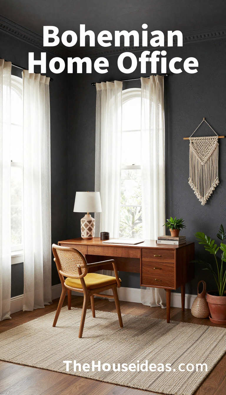 Bohemian Chic Home Office with Charcoal Walls and Mustard Rattan Desk Chair - Home Office - The House Ideas