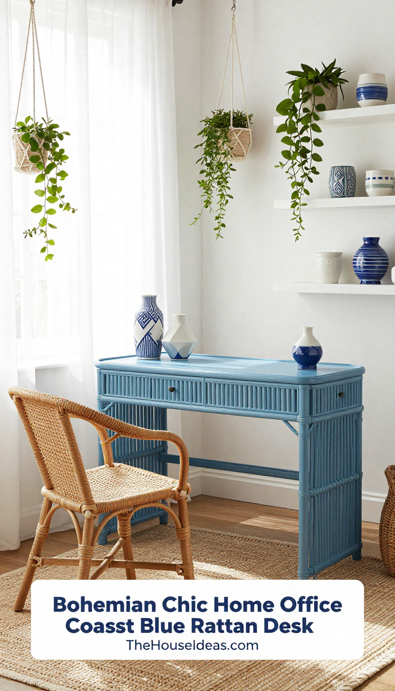 Bohemian Chic Home Office with Coastal Blue Rattan Desk and Geometric Ceramic Accents - Home Office - The House Ideas