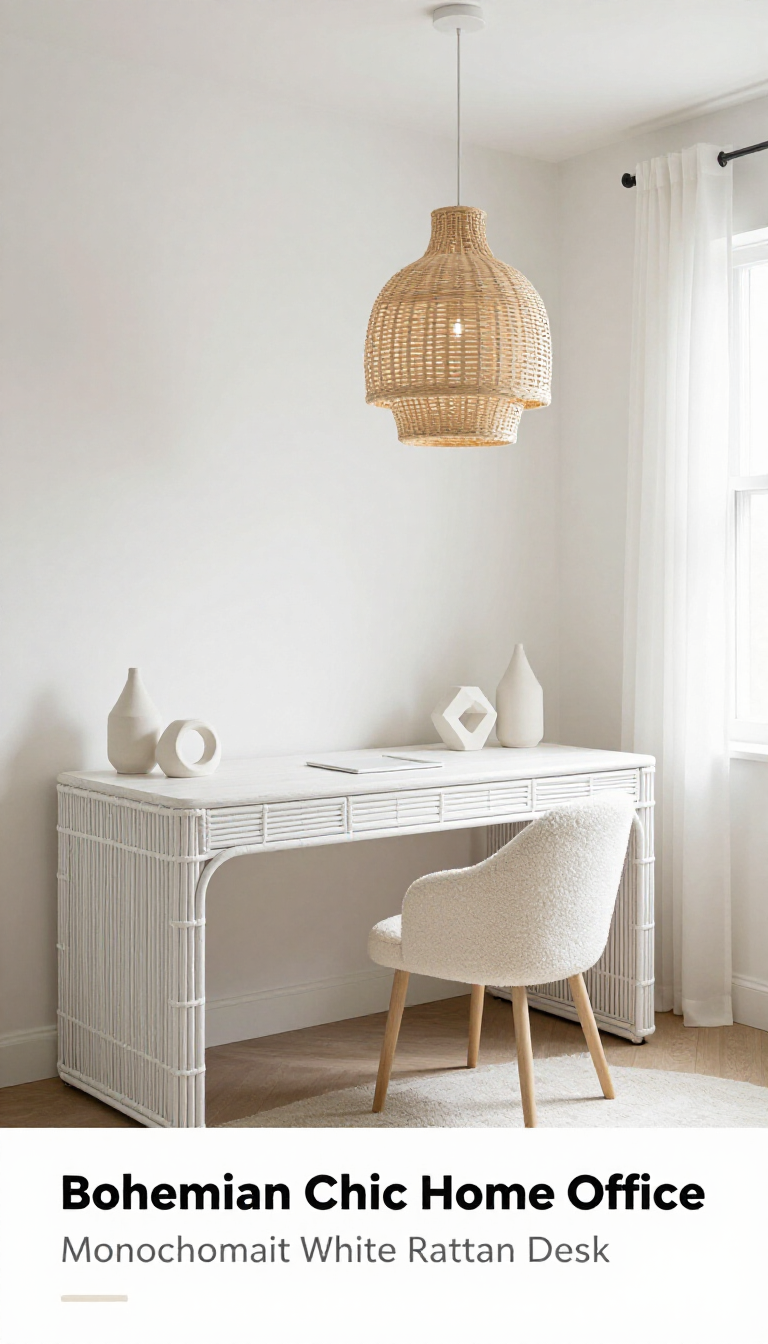 Bohemian Chic Home Office with Monochromatic White Rattan Desk and Ceramic Geometric Accessories - Home Office - The House Ideas