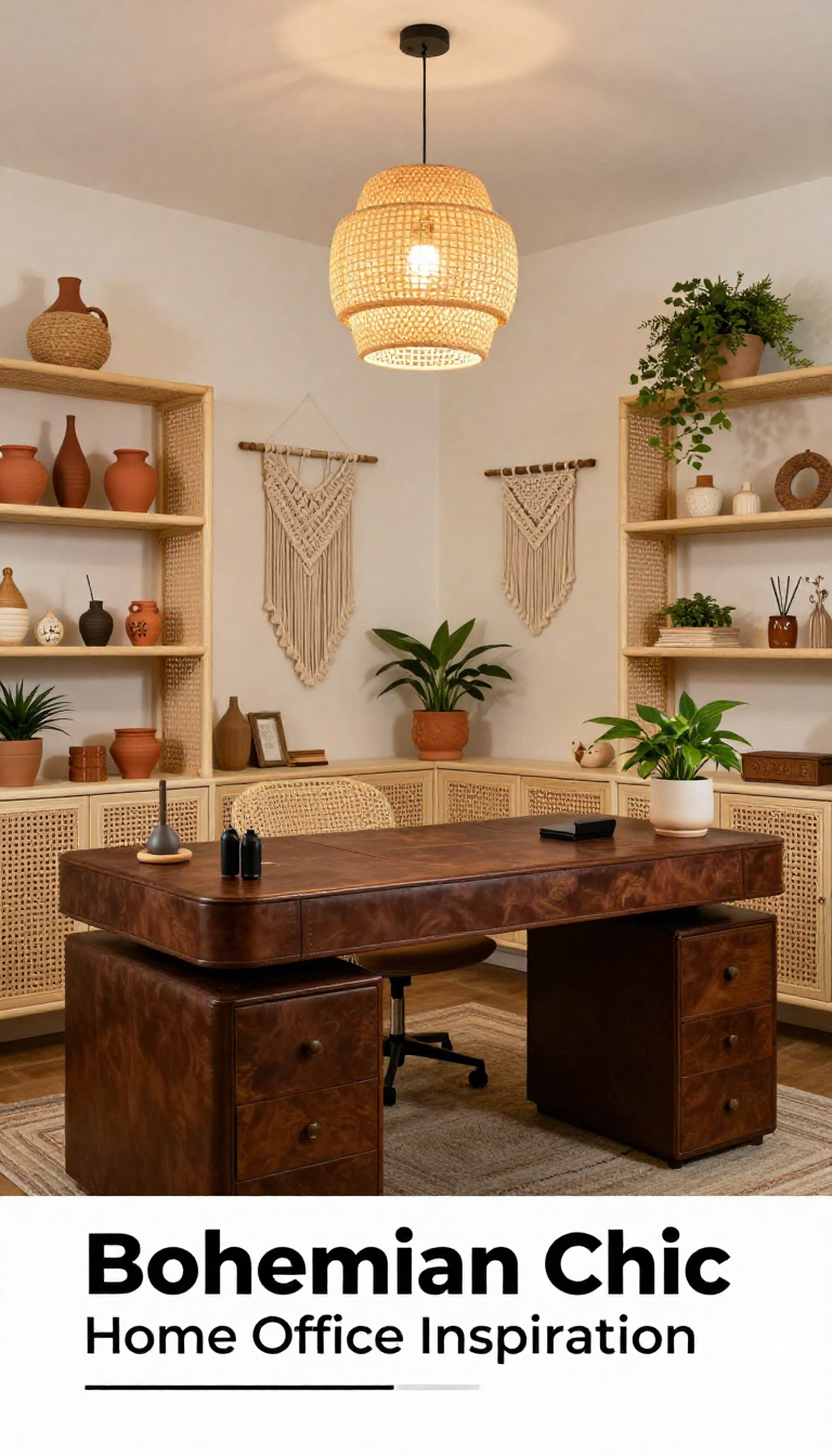 Bohemian Chic Home Office with Rich Chocolate Leather Desk and Cream Rattan Shelving - Home Office - The House Ideas