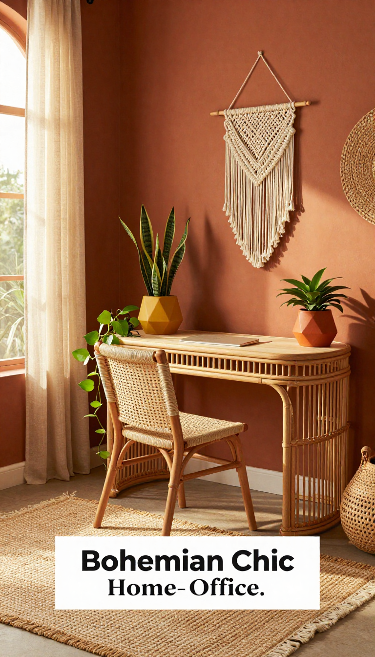 Bohemian Chic Home Office with Terracotta Rattan Desk and Ceramic Geometric Planters - Home Office - The House Ideas