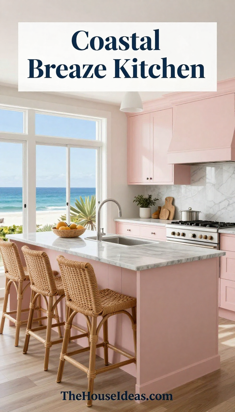 Coastal Breeze Kitchen with Blush Pink Cabinets and Gray Stone Countertops - Kitchen - The House Ideas