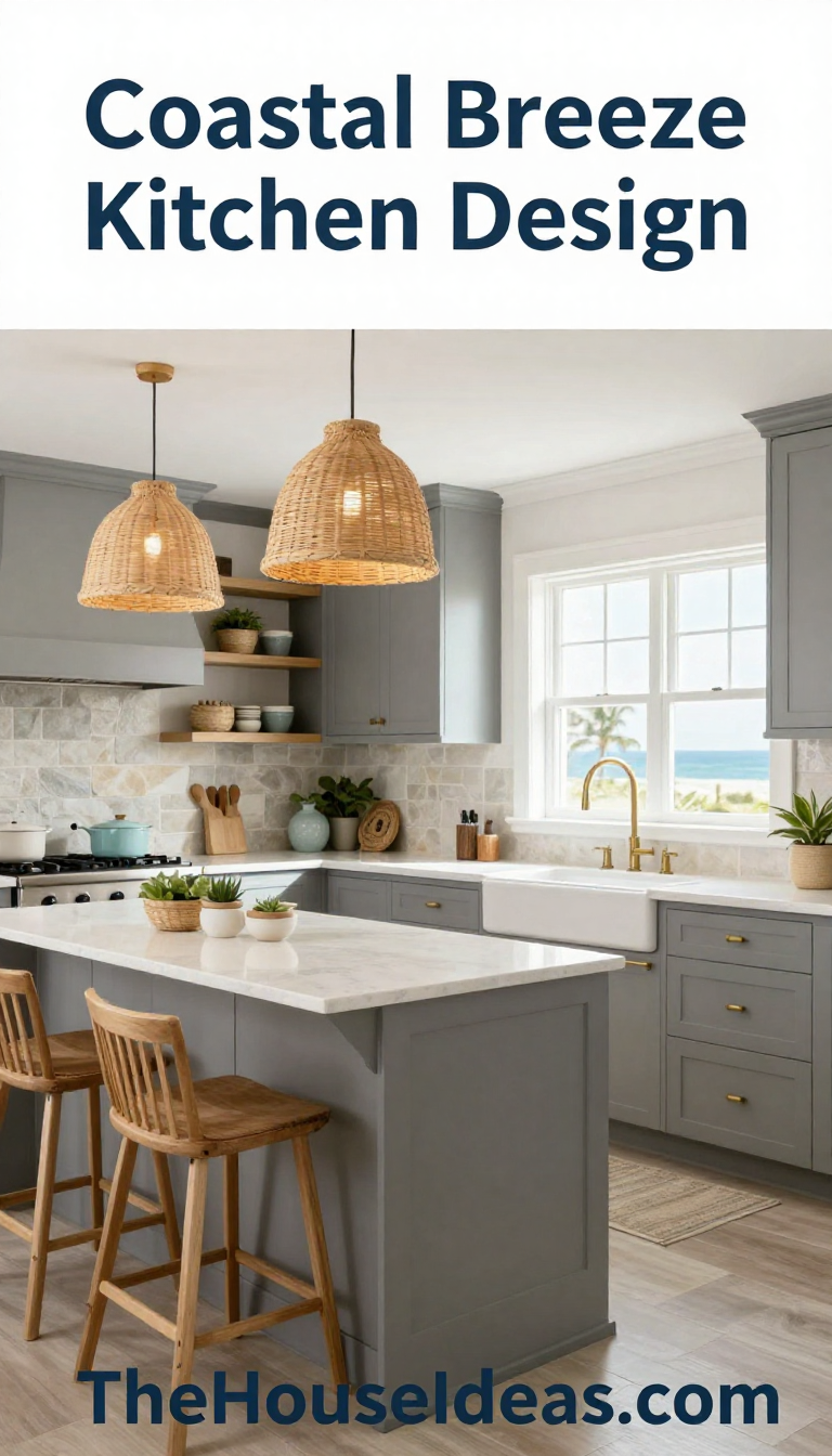 Coastal Breeze Kitchen with Cool Gray Cabinetry and Woven Pendant Lights - Kitchen - The House Ideas