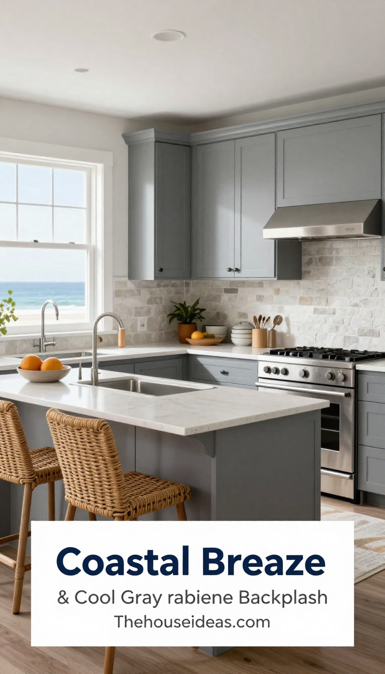 Coastal Breeze Kitchen with Cool Gray Cabinetry and Woven Stone Backsplash - Kitchen - The House Ideas