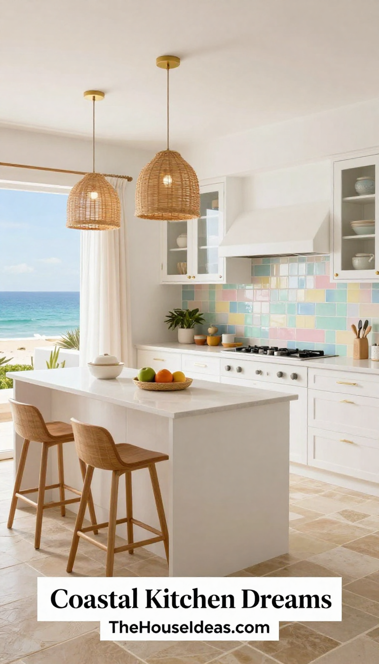 Coastal Breeze Kitchen with Pastel Rainbow Glass Backsplash and Woven Pendant Lights - Kitchen - The House Ideas
