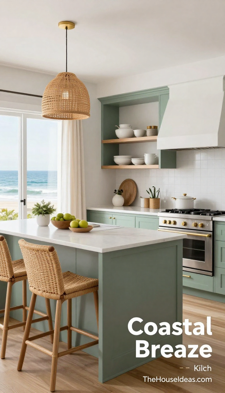 Coastal Breeze Kitchen with Sage Green Shaker Cabinets and Woven Rattan Bar Stools - Kitchen - The House Ideas