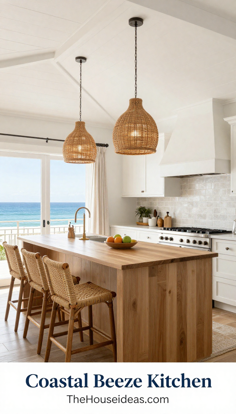 Coastal Breeze Kitchen with Warm Brown Woven Bar Stools and Ivory Stone Backsplash - Kitchen - The House Ideas