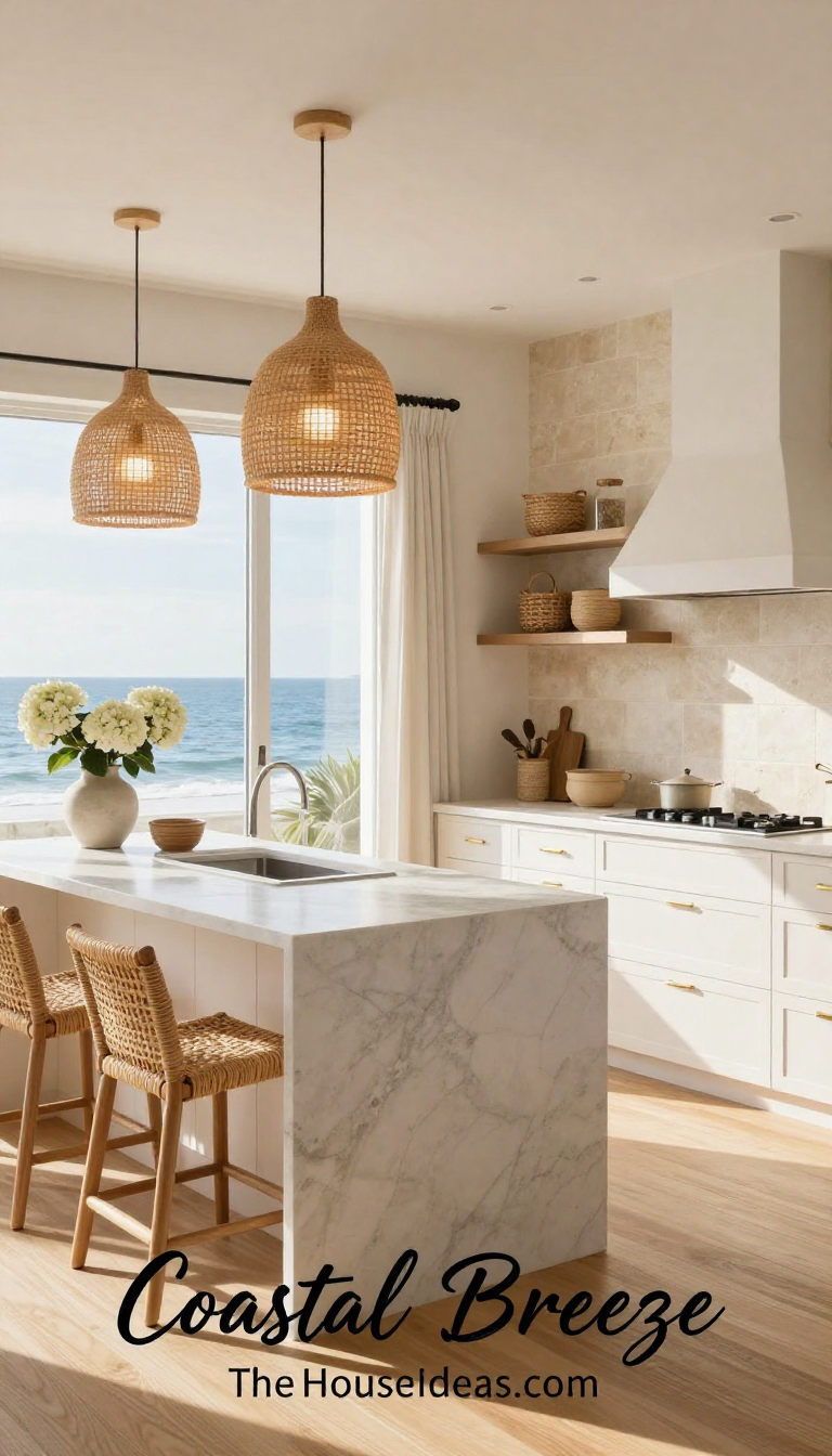 Coastal Breeze Kitchen with Woven Pendant Lights and Cream Stone Backsplash - Kitchen - The House Ideas