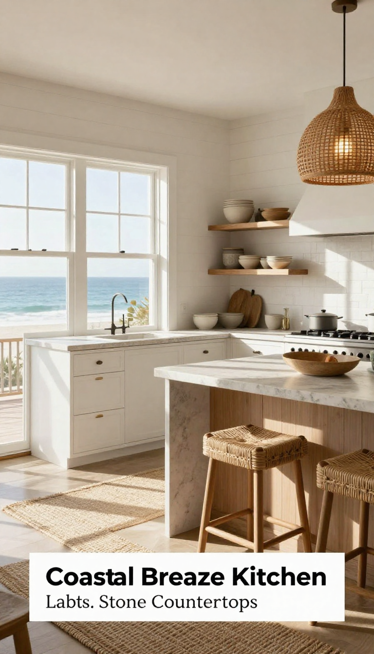 Coastal Breeze Kitchen with Woven Pendant Lights and Stone Countertops - Kitchen - The House Ideas