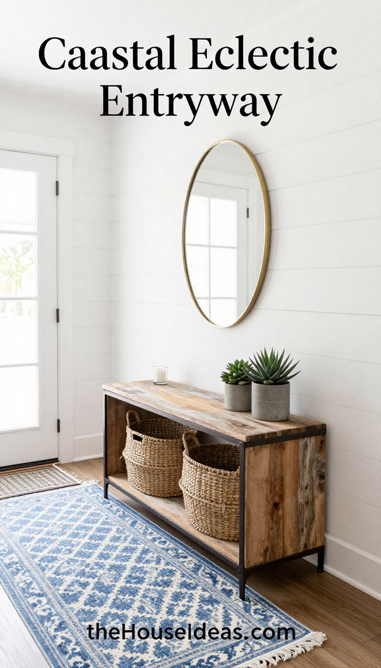 Coastal Eclectic Entryway with Reclaimed Wood Console and Blue Patterned Rug - Entryway - The House Ideas