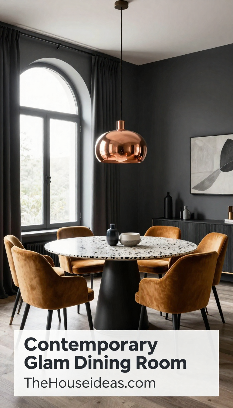 Contemporary Glam Dining Room with Charcoal Walls and Mustard Velvet Chairs - Dining Room - The House Ideas