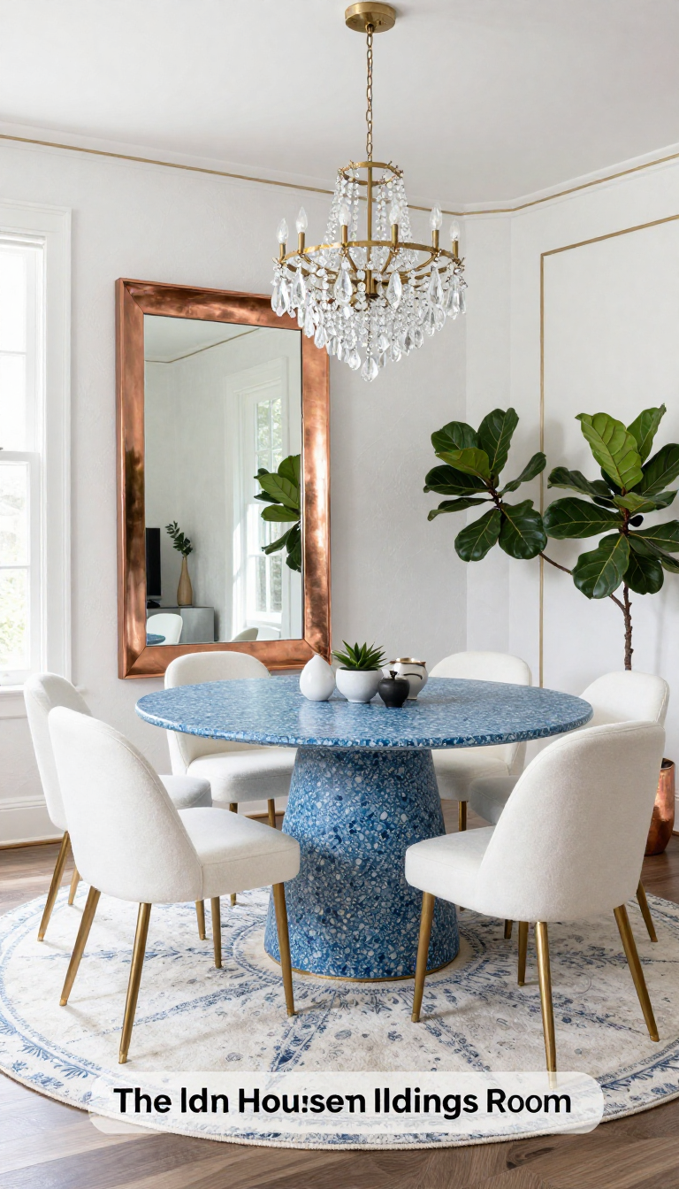 Contemporary Glam Dining Room with Coastal Blue Terrazzo Table and Copper Floor Mirror - Dining Room - The House Ideas