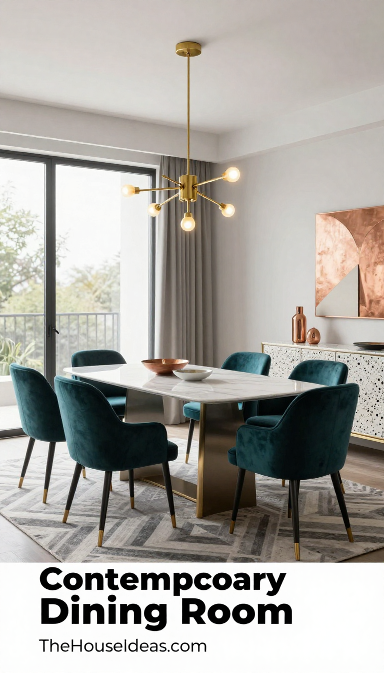 Contemporary Glam Dining Room with Deep Teal Velvet Chairs and Brass Sputnik Chandelier - Dining Room - The House Ideas