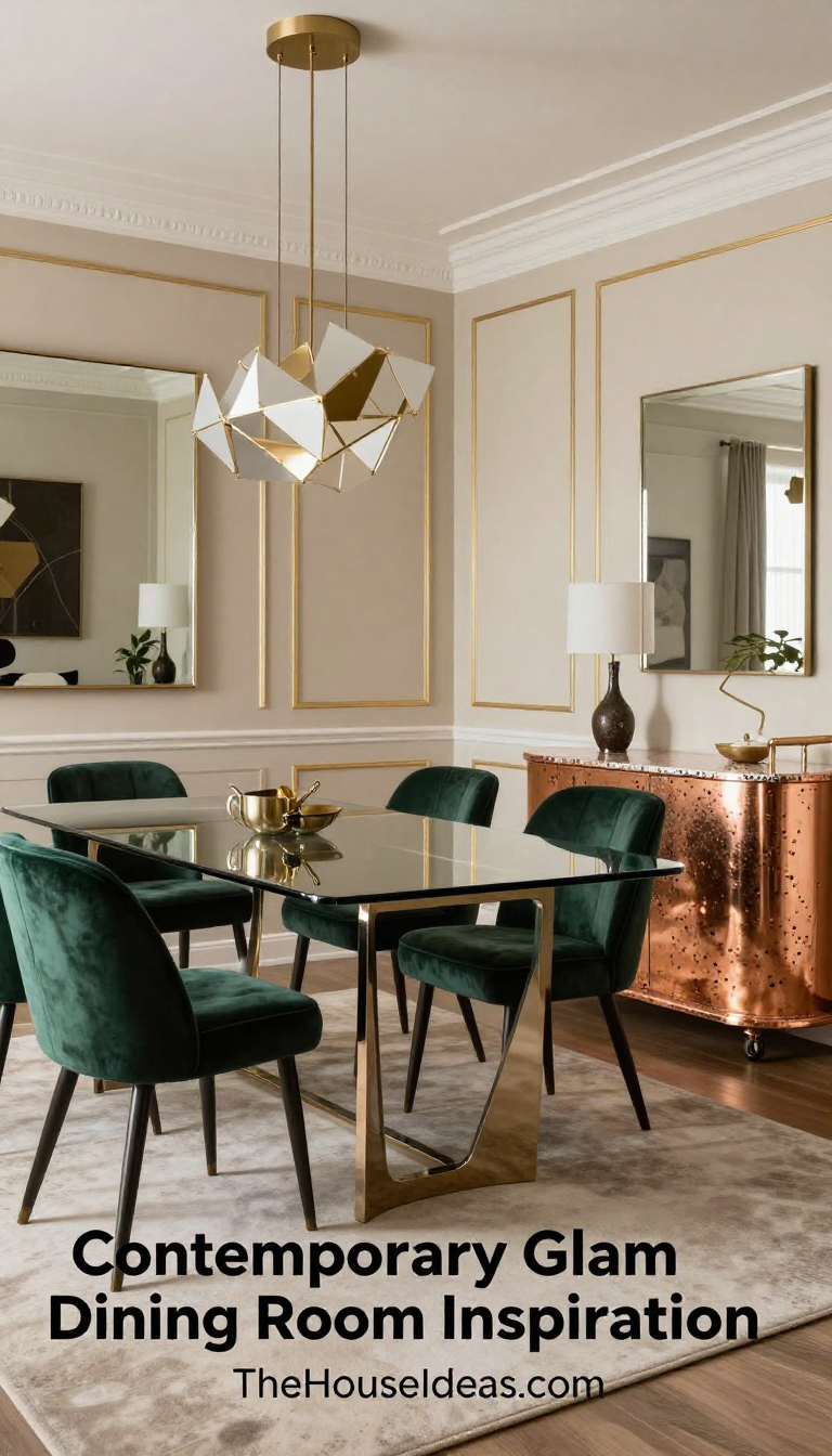 Contemporary Glam Dining Room with Forest Green Velvet Chairs and Copper Terrazzo Bar Cart - Dining Room - The House Ideas