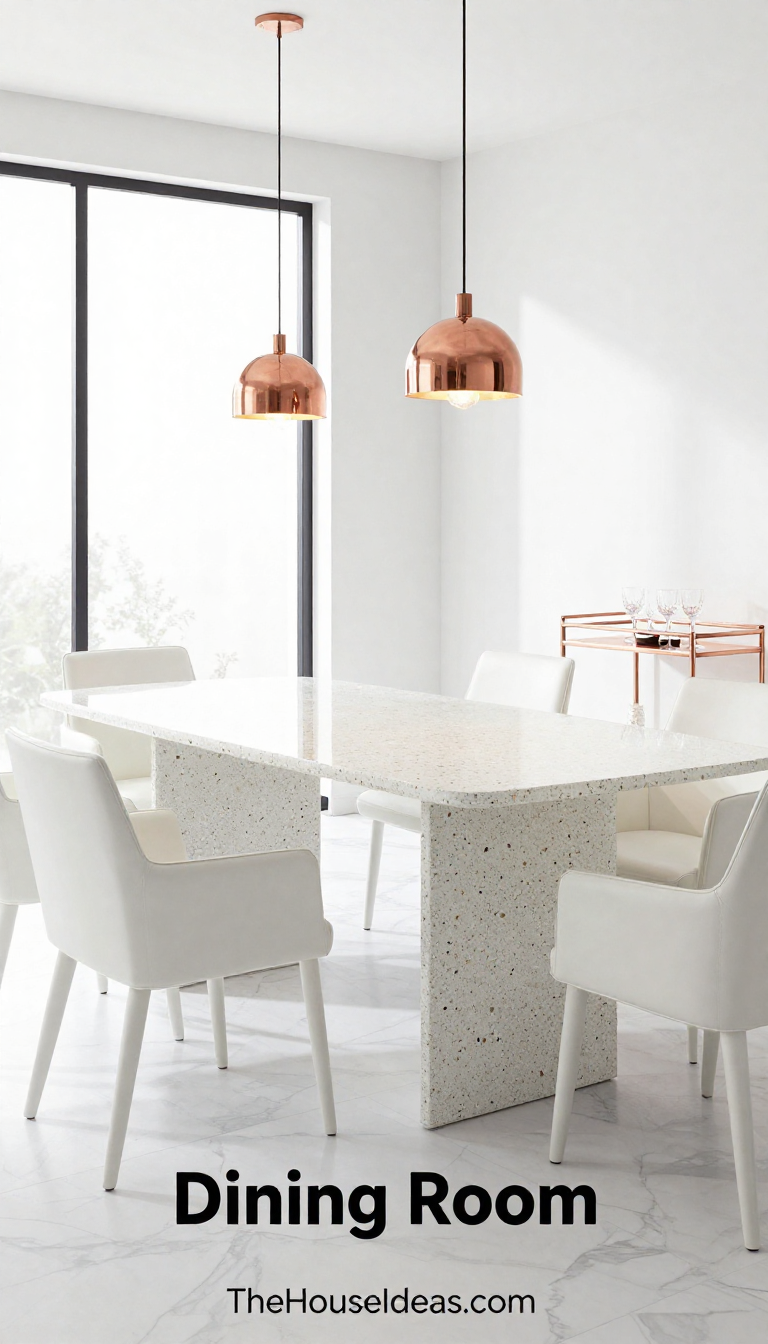 Contemporary Glam Dining Room with Monochromatic White Terrazzo Table and Copper Accents - Dining Room - The House Ideas