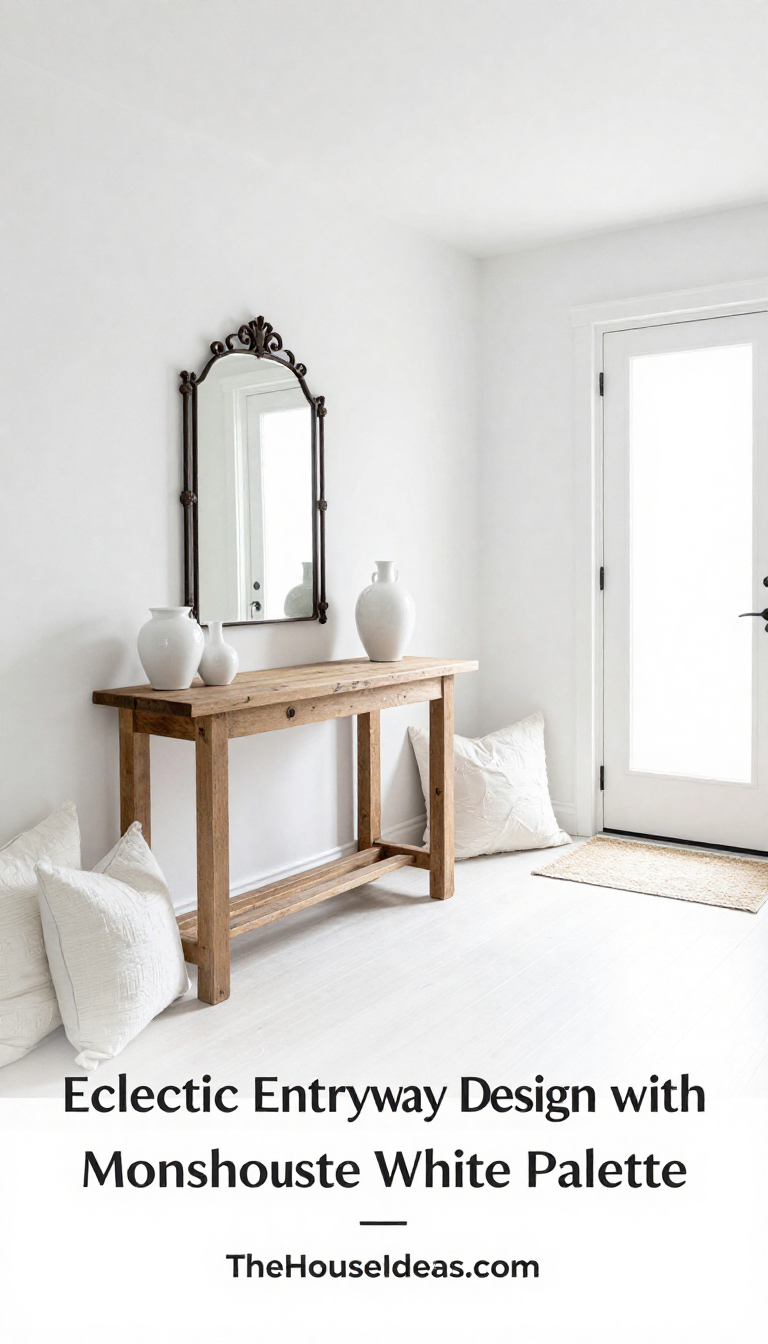 Eclectic Entryway with All-White Monochrome Palette and Reclaimed Wood Console - Entryway - The House Ideas
